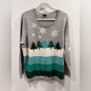 Talbots Gray and Teal Sweater with Snowflake and Tree Design